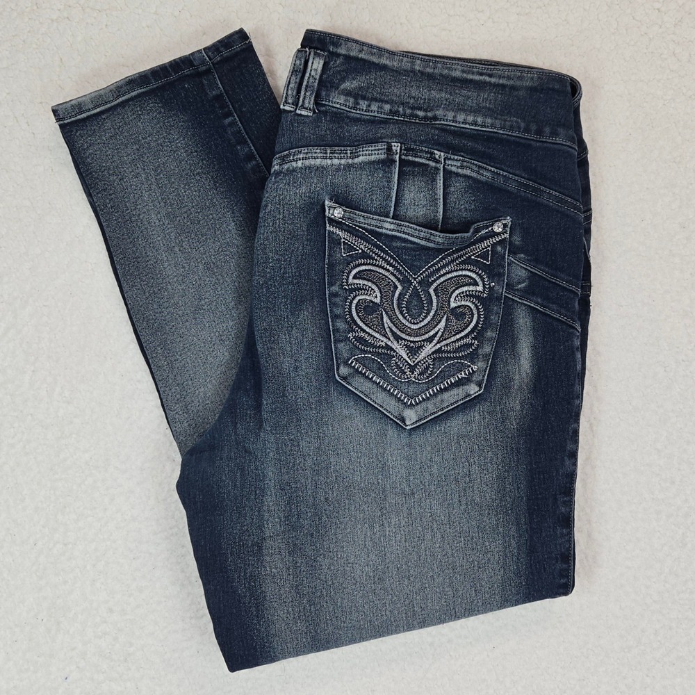 Jack David Cropped Jeans Women 24 Blue Embroidered Rhinestone High Rise Stretch